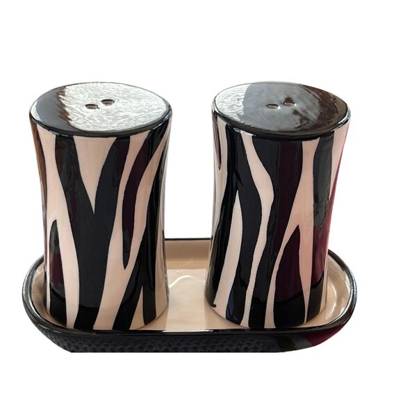 Zebra Print Ceramic Salt & Pepper Shakers With Matching Tray BLK WHT  Stylish! - Picture 1 of 11